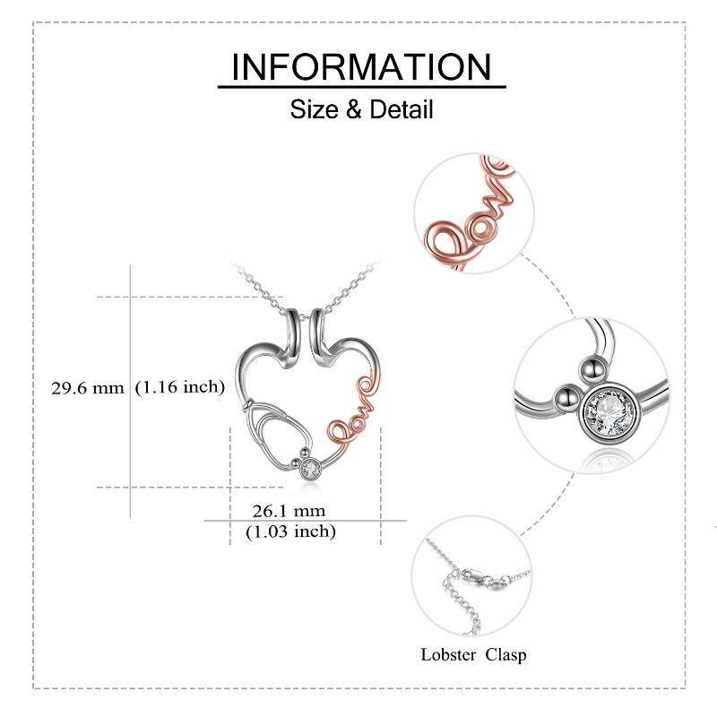 Sterling Silver Two-Tone Cubic Zirconia Ring Holder With Stethoscope Heart Pendant Necklace With Engraved Word For Women-5