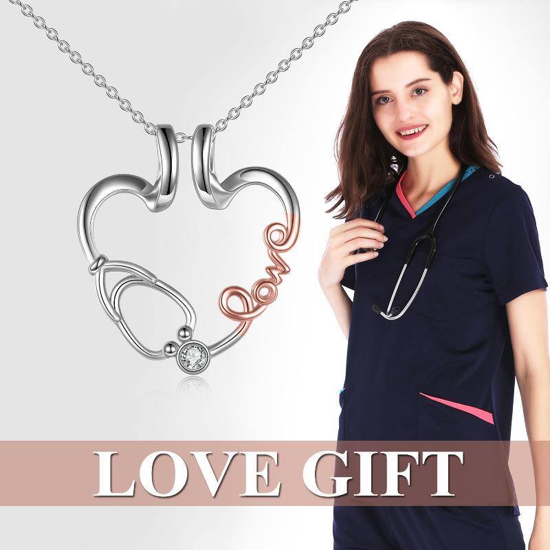 Sterling Silver Two-Tone Cubic Zirconia Ring Holder With Stethoscope Heart Pendant Necklace With Engraved Word For Women-6