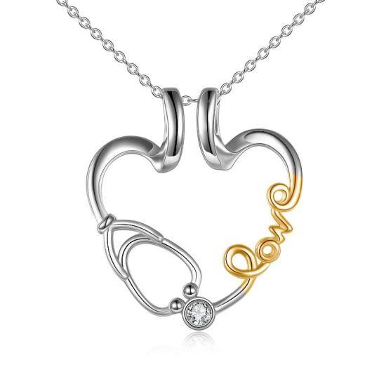 Sterling Silver Two-Tone Cubic Zirconia Ring Holder With Stethoscope Heart Pendant Necklace With Engraved Word For Women