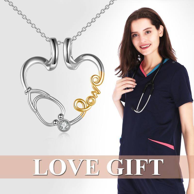 Sterling Silver Two-Tone Cubic Zirconia Ring Holder With Stethoscope Heart Pendant Necklace With Engraved Word For Women-3