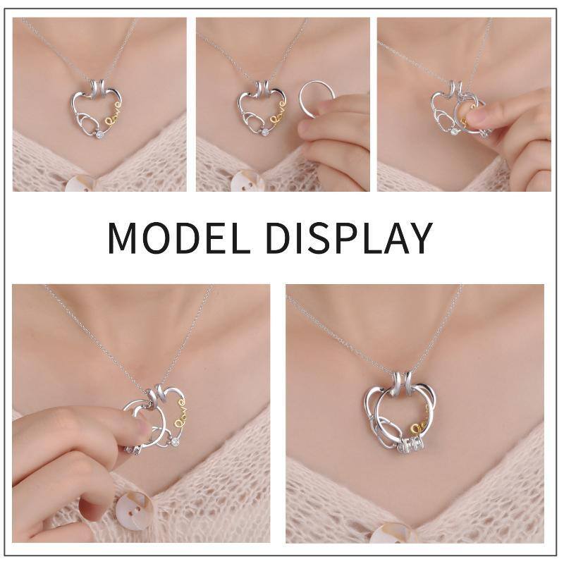 Sterling Silver Two-Tone Cubic Zirconia Ring Holder With Stethoscope Heart Pendant Necklace With Engraved Word For Women-4