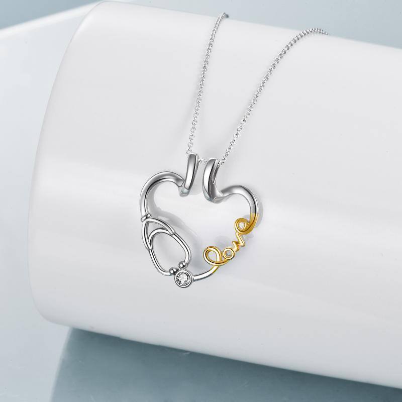 Sterling Silver Two-Tone Cubic Zirconia Ring Holder With Stethoscope Heart Pendant Necklace With Engraved Word For Women-5