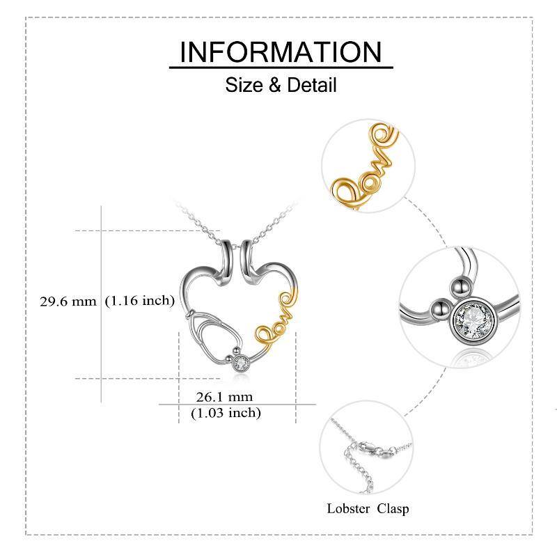 Sterling Silver Two-Tone Cubic Zirconia Ring Holder With Stethoscope Heart Pendant Necklace With Engraved Word For Women-6