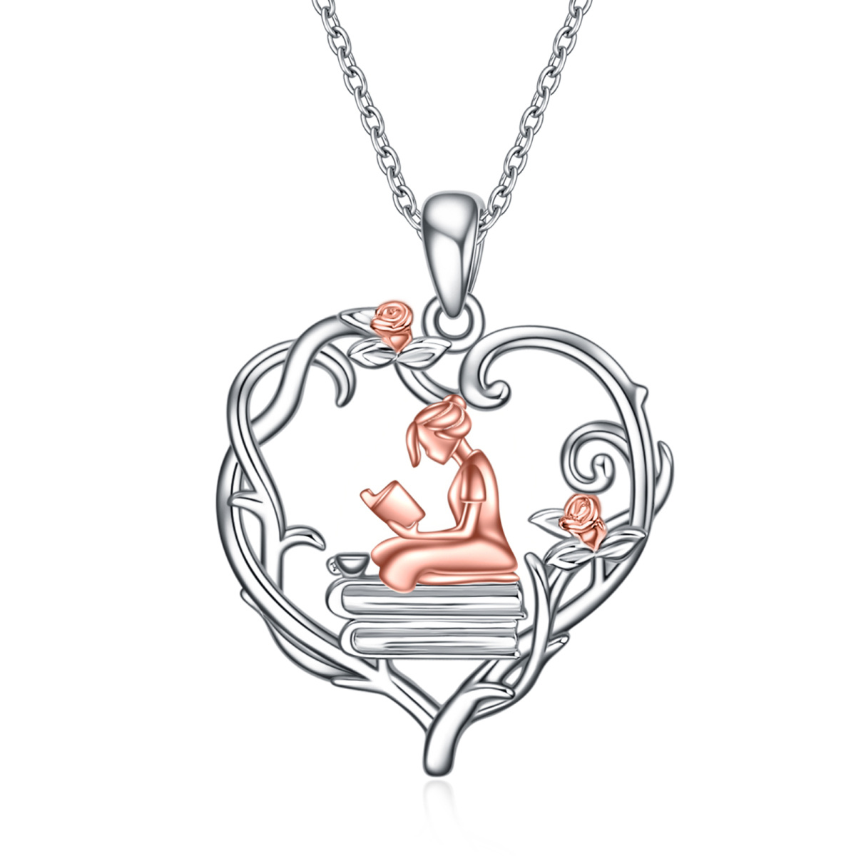 Collier pendentif coeur rose bicolore en argent sterling-1