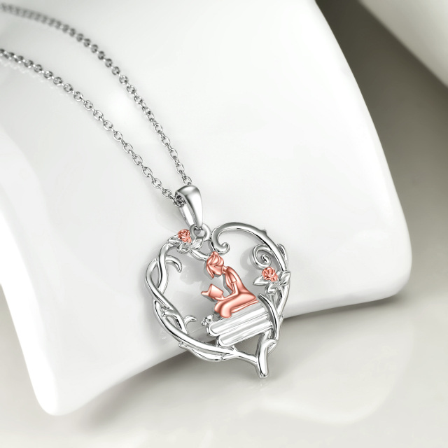 Sterling Silver Two-tone Heart Rose & Heart Pendant Necklace-2