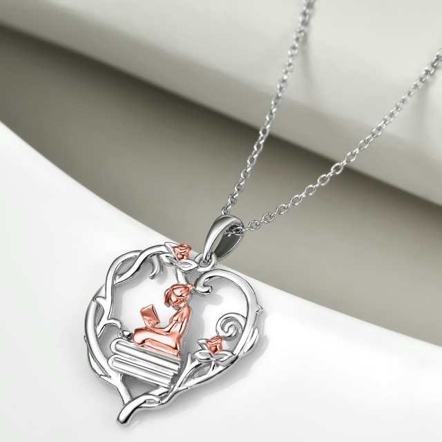 Collana con ciondolo a forma di cuore e rosa in argento sterling bicolore-3