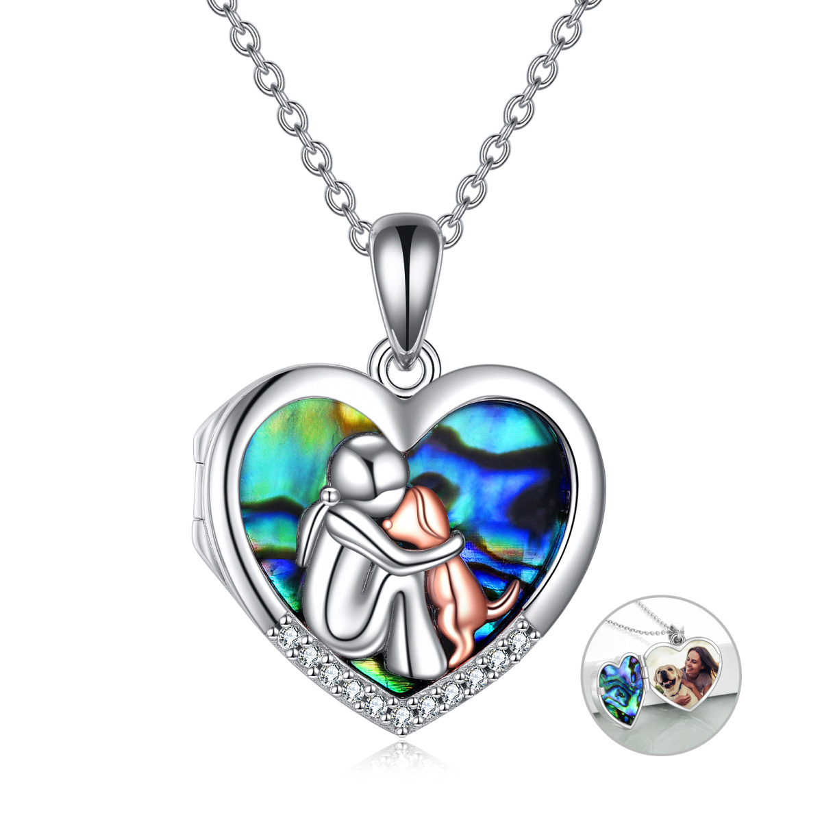 Sterling Silver Two-tone Heart Shaped Abalone Shellfish Dog Personalized Photo Locket Necklace-1