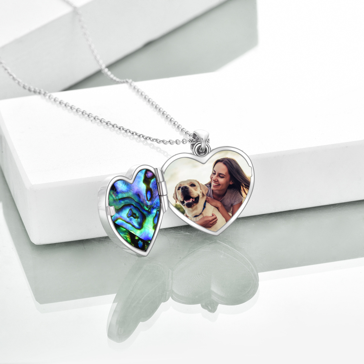 Sterling Silver Two-tone Heart Shaped Abalone Shellfish Dog Personalized Photo Locket Necklace-3