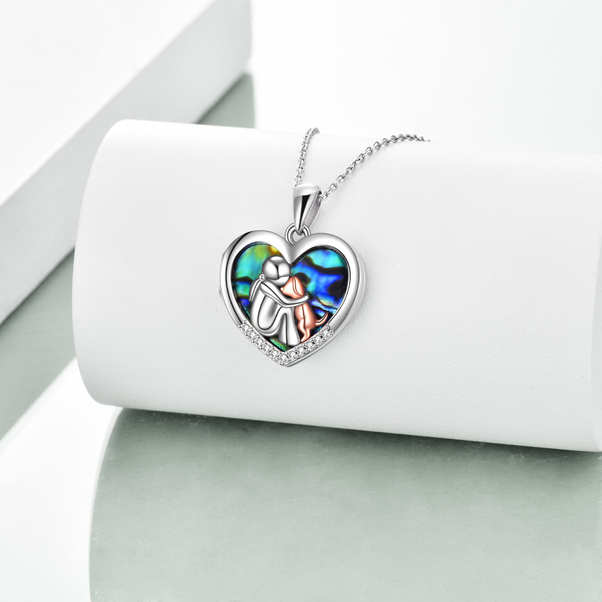 Sterling Silver Two-tone Heart Shaped Abalone Shellfish Dog Personalized Photo Locket Necklace-4