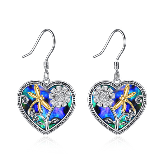 Sterling Silver Two-tone Heart Shaped Abalone Shellfish Dragonfly & Sunflower Drop Earrings-1