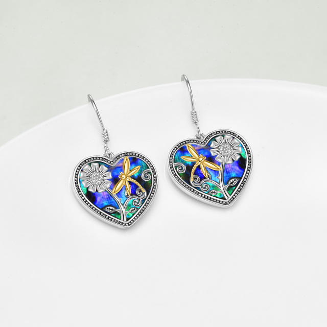 Sterling Silver Two-tone Heart Shaped Abalone Shellfish Dragonfly & Sunflower Drop Earrings-3