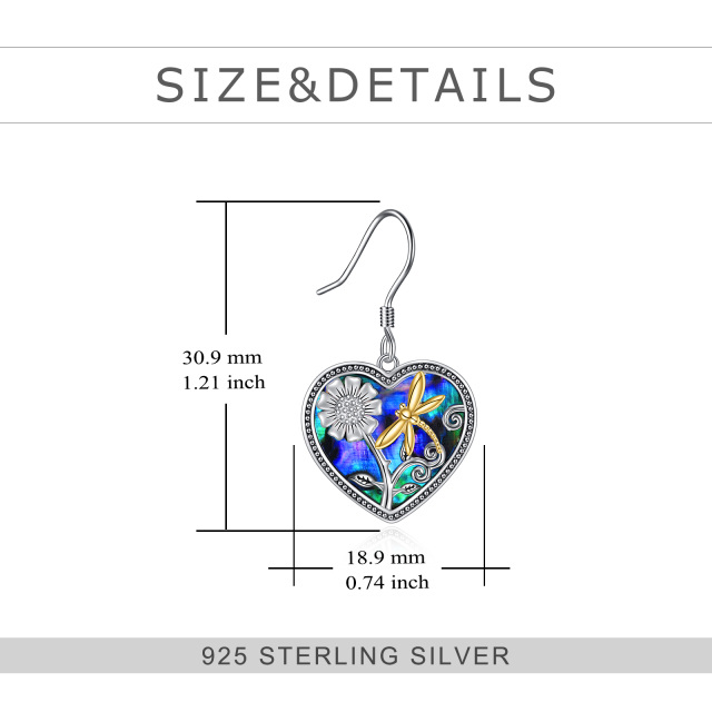 Sterling Silver Two-tone Heart Shaped Abalone Shellfish Dragonfly & Sunflower Drop Earrings-5