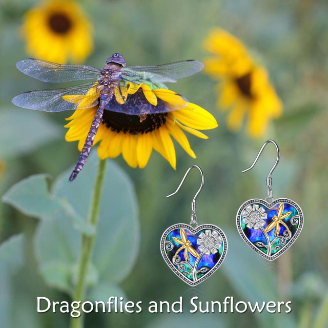 Sterling Silver Two-tone Heart Shaped Abalone Shellfish Dragonfly & Sunflower Drop Earrings-6