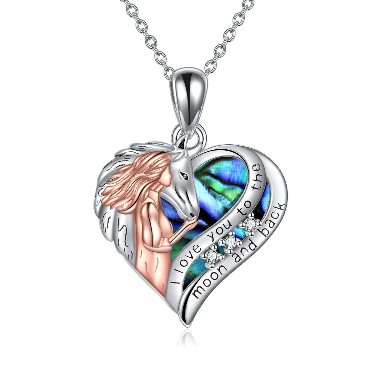 Sterling Silver Two-tone Heart Shaped Abalone Shellfish Horse & Heart Pendant Necklace with Engraved Word-1