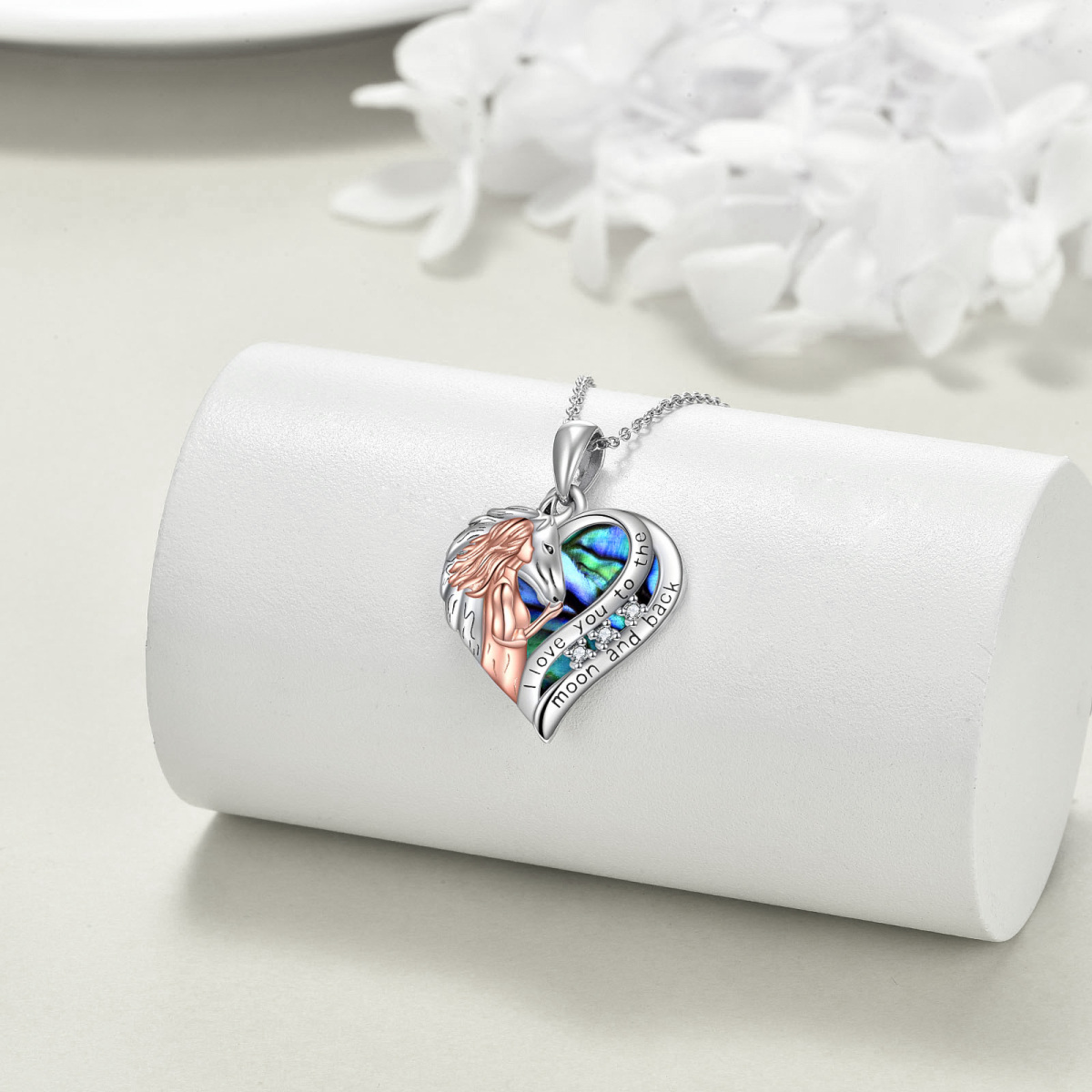 Sterling Silver Two-tone Heart Shaped Abalone Shellfish Horse & Heart Pendant Necklace with Engraved Word-3