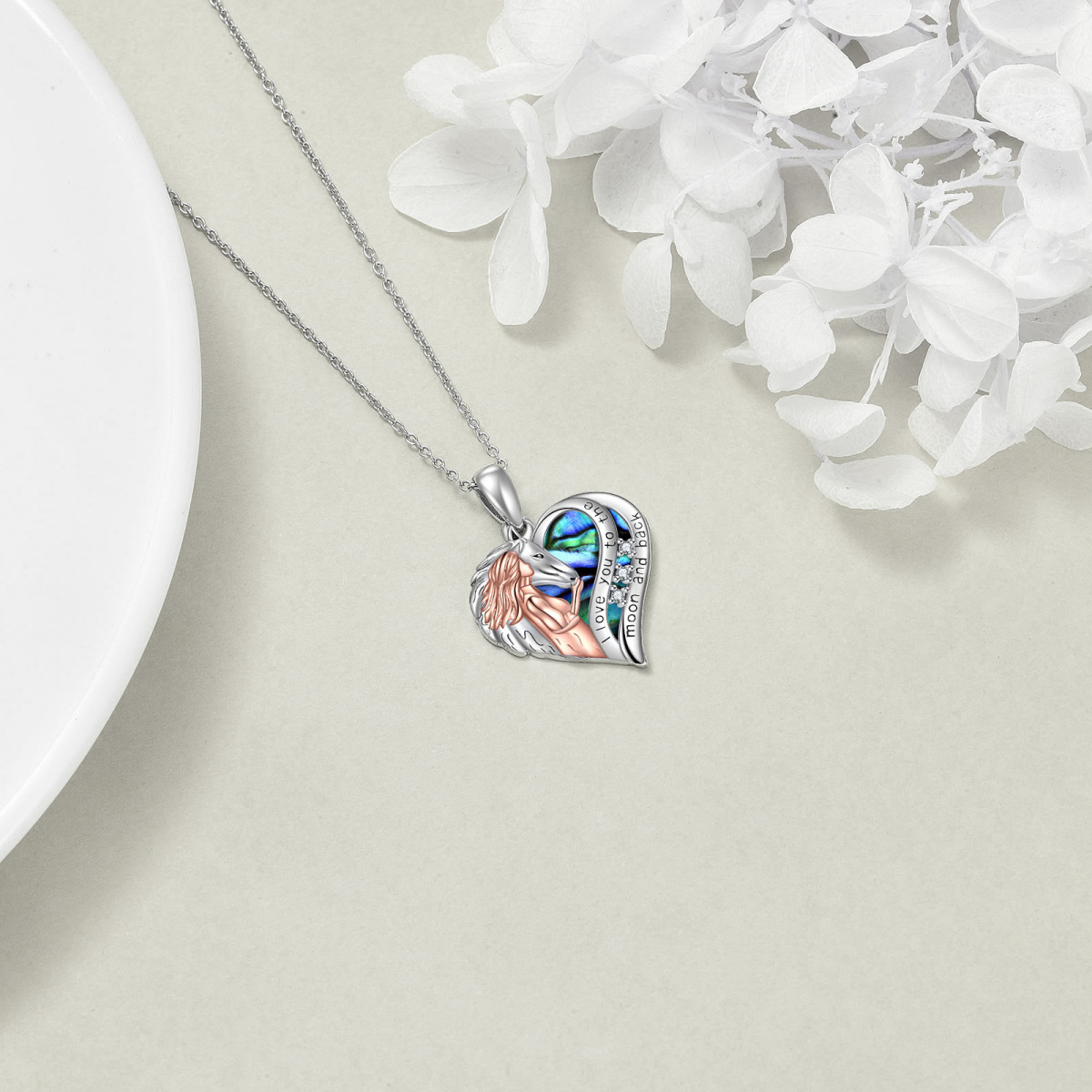 Sterling Silver Two-tone Heart Shaped Abalone Shellfish Horse & Heart Pendant Necklace with Engraved Word-4