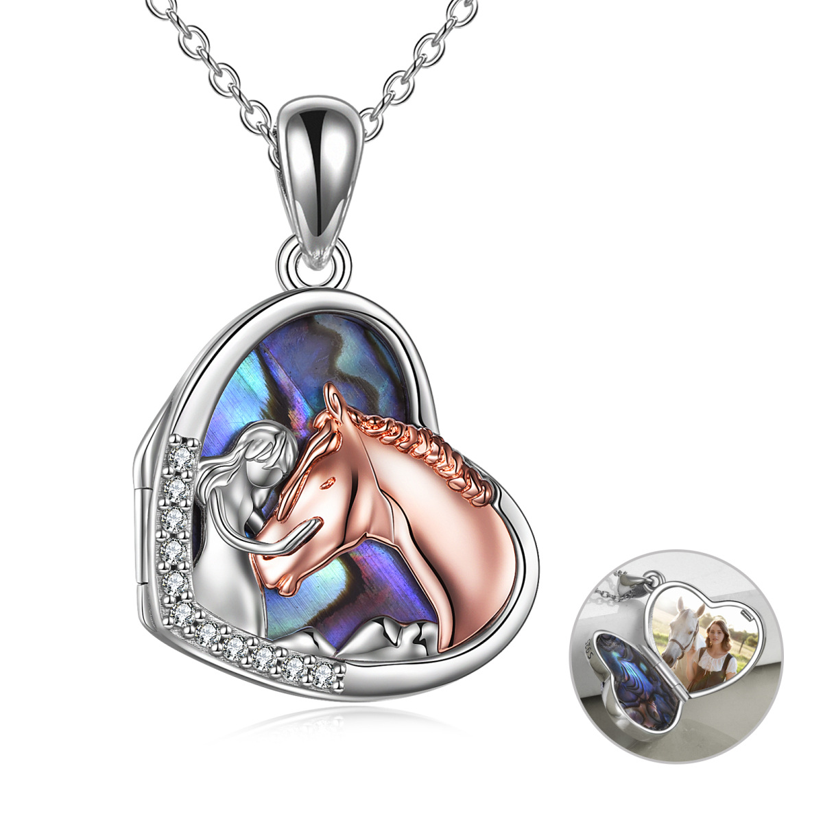 Collar con medallón de foto personalizado de plata de ley con forma de corazón de caballo y niña de mariscos de abulón de dos tonos para mujer-1