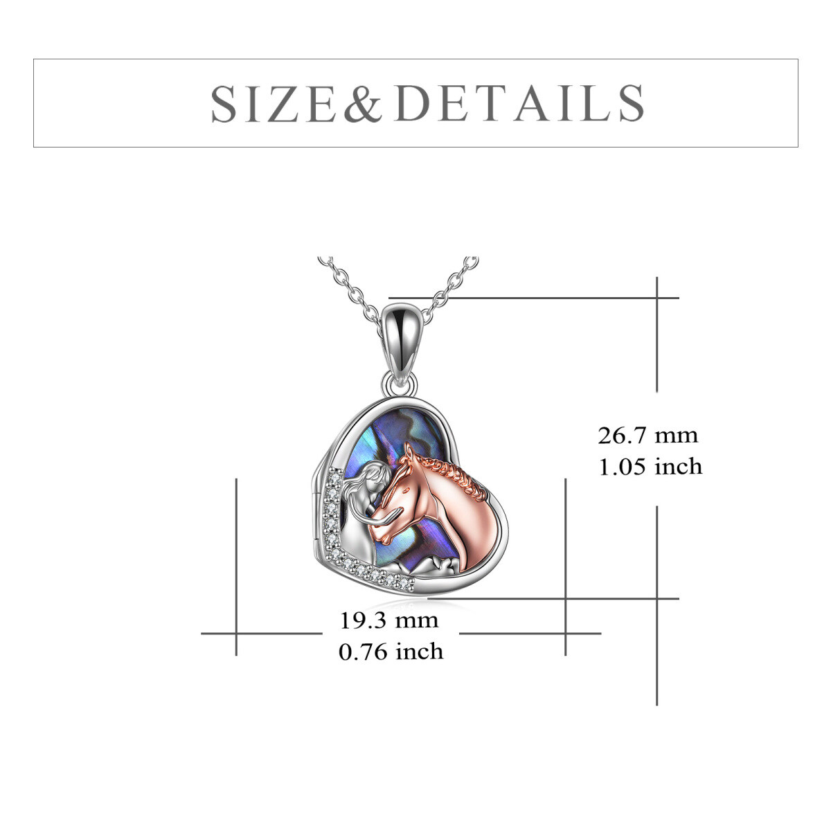 Collana con medaglione con foto personalizzata per donna, in argento sterling bicolore con crostacei abalone, cavallo e ragazza a forma di cuore-5