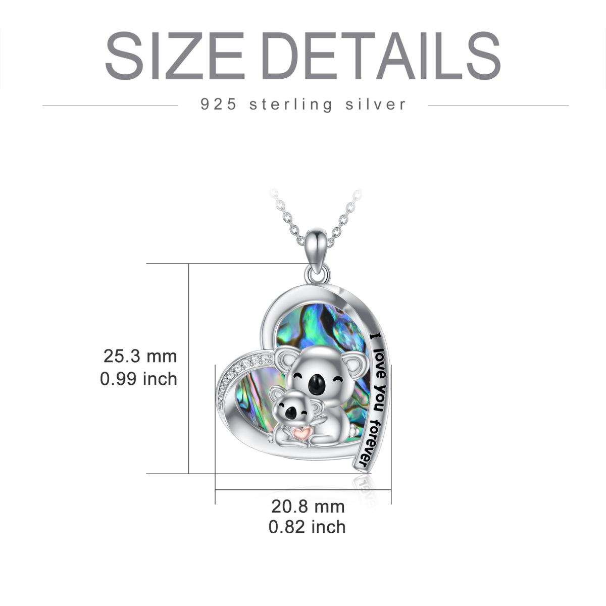 Sterling Silber zweifarbig Herz geformt Abalone Muscheln Koala & Herz Anhänger Halskette m-3