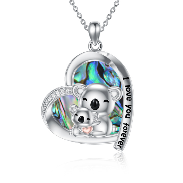 Sterling Silver Two-tone Heart Shaped Abalone Shellfish Koala & Heart Pendant Necklace with Engraved Word-1