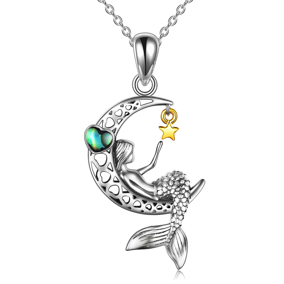 Sterling Silver Mermaid Moon & Star Pendant Necklace With Abalone Shell-1