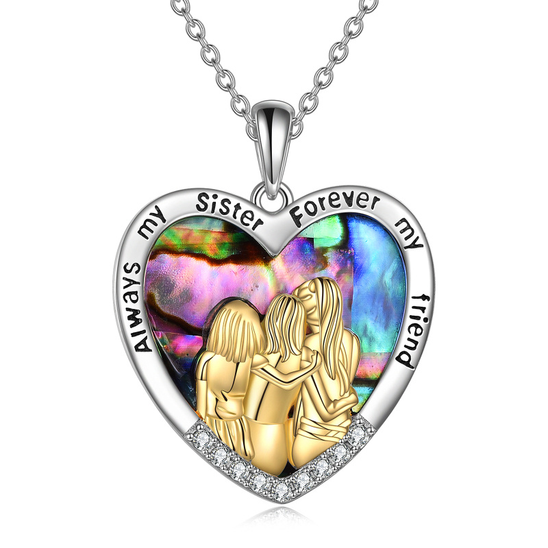 Sterling Silver Two-Tone Abalone Shellfish Sisters With Heart Pendant Necklace With Engraved Word For Women-19