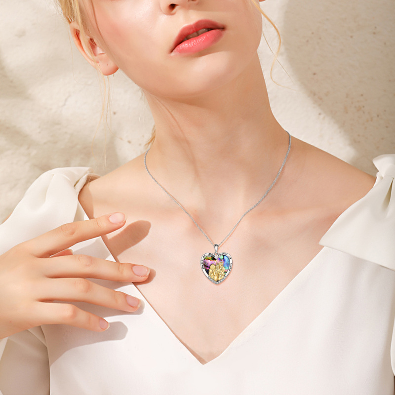 Sterling Silver Two-Tone Abalone Shellfish Sisters With Heart Pendant Necklace With Engraved Word For Women-2