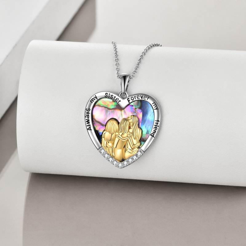 Sterling Silver Two-Tone Abalone Shellfish Sisters With Heart Pendant Necklace With Engraved Word For Women-3