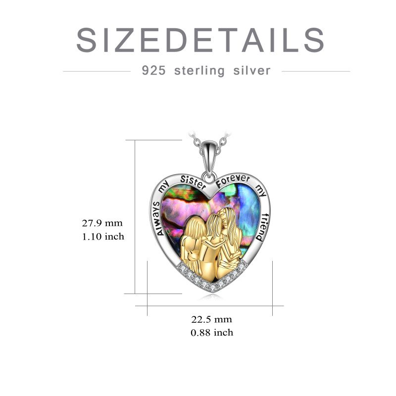 Sterling Silver Two-Tone Abalone Shellfish Sisters With Heart Pendant Necklace With Engraved Word For Women-5