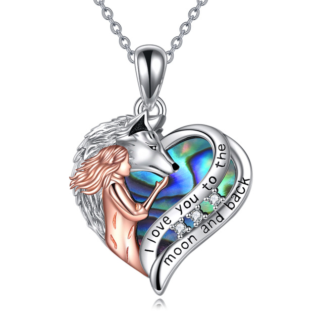 Sterling Silver Two-tone Heart Shaped Abalone Shellfish Wolf & Heart Pendant Necklace with Engraved Word-1