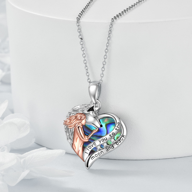 Sterling Silver Two-tone Heart Shaped Abalone Shellfish Wolf & Heart Pendant Necklace with Engraved Word-3