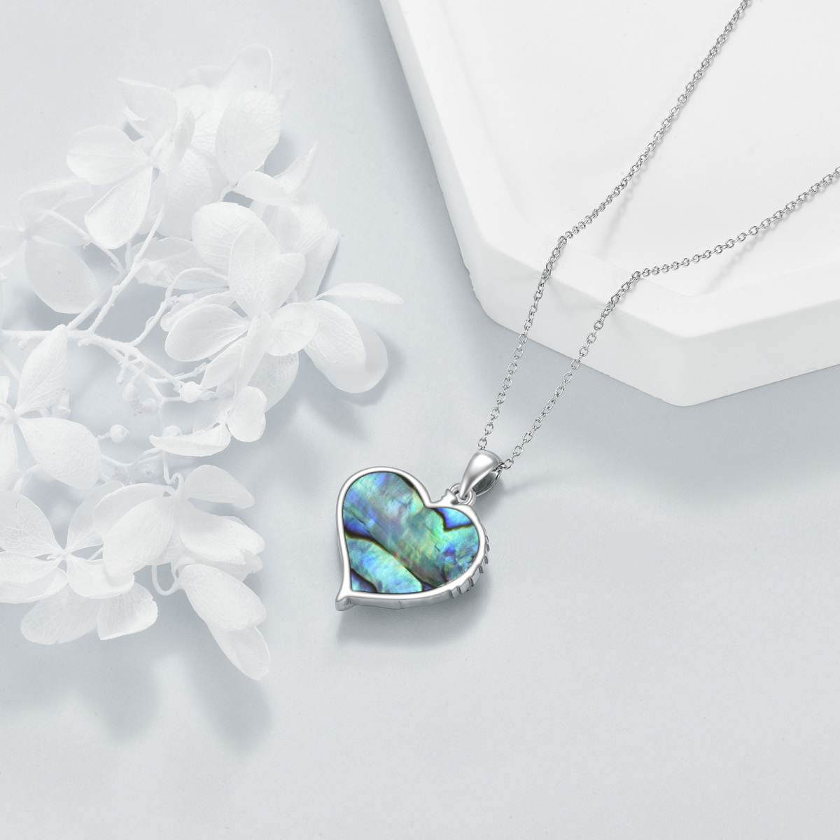 Sterling Silver Two-tone Heart Shaped Abalone Shellfish Wolf & Heart Pendant Necklace with Engraved Word-4