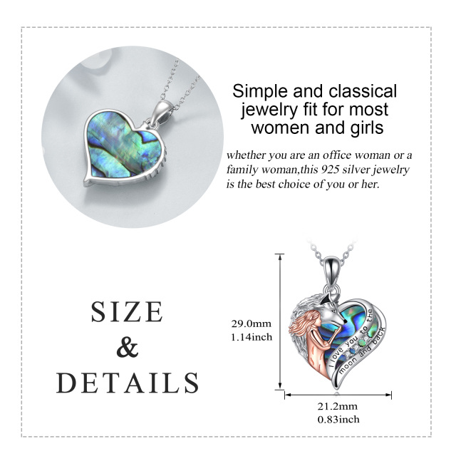 Sterling Silver Two-tone Heart Shaped Abalone Shellfish Wolf & Heart Pendant Necklace with Engraved Word-5