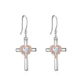 Sterling Silver Two-tone Heart Shaped Cubic Zirconia Angel Wing & Cross Drop Earrings-56