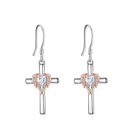 Boucles d'oreilles pendantes Angel Wing & Cross en argent sterling bicolore en forme de co