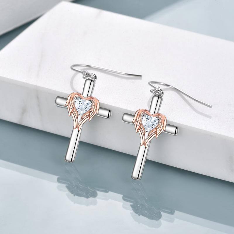Sterling Silver Two-tone Heart Shaped Cubic Zirconia Angel Wing & Cross Drop Earrings-3