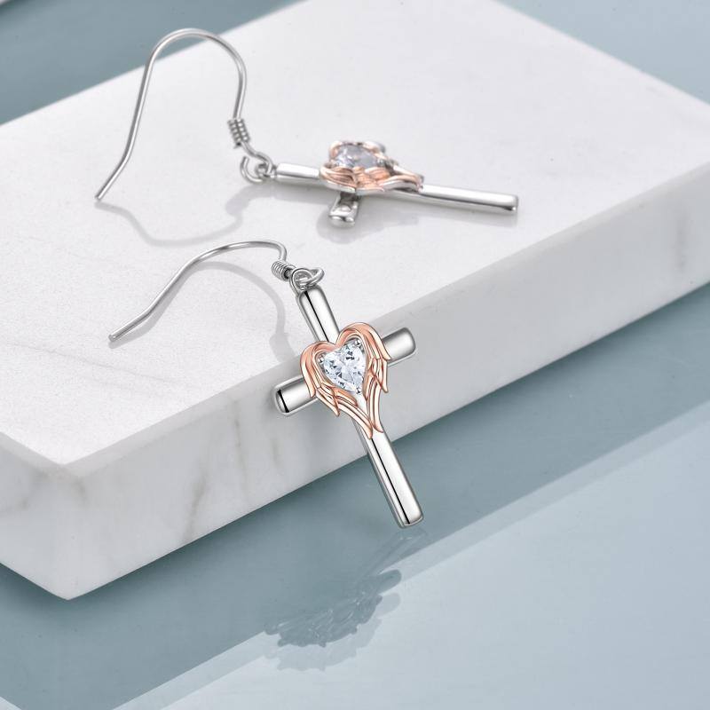 Sterling Silver Two-tone Heart Shaped Cubic Zirconia Angel Wing & Cross Drop Earrings-4