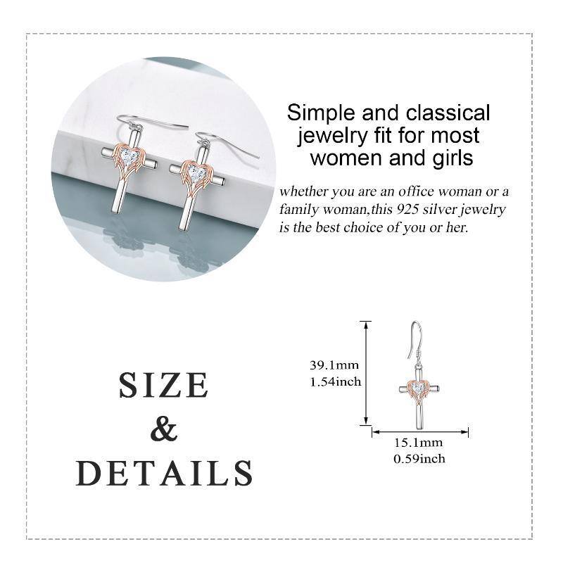 Sterling Silver Two-tone Heart Shaped Cubic Zirconia Angel Wing & Cross Drop Earrings-5