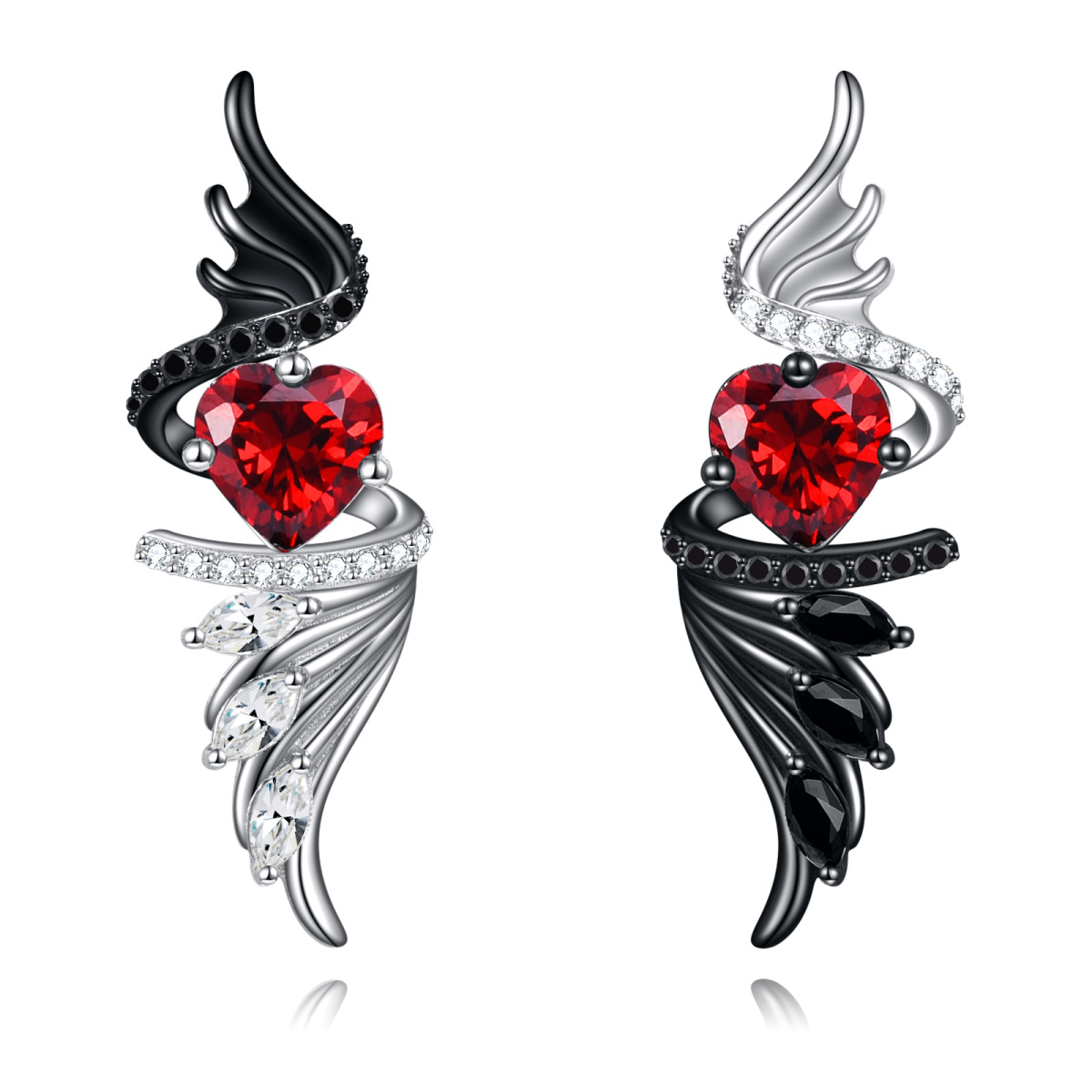 Sterling Silver Two-tone Heart Shaped Cubic Zirconia Angel Wings Stud Earrings-1