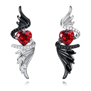 Sterling Silver Two-tone Heart Shaped Cubic Zirconia Angel Wings Stud Earrings-27