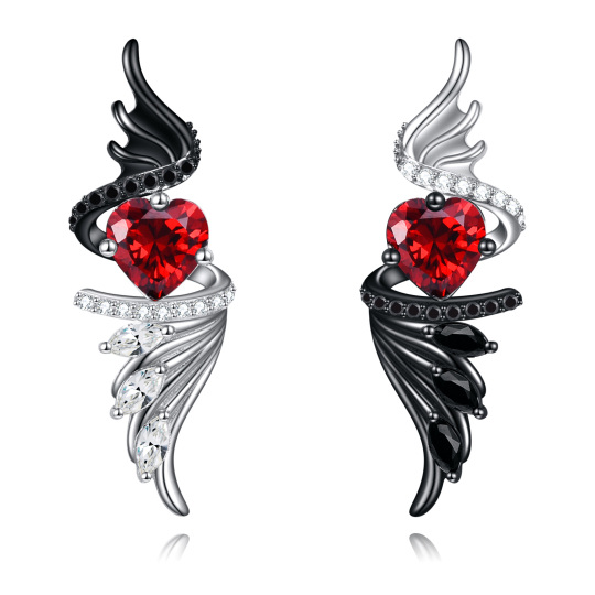 Sterling Silver Two-tone Heart Shaped Cubic Zirconia Angel Wings Stud Earrings