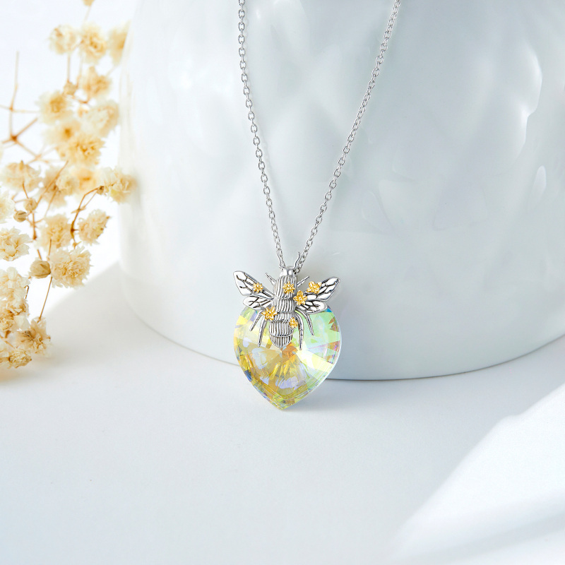 Colar com pingente de cristal de abelha e coração em prata esterlina para mulheres-3
