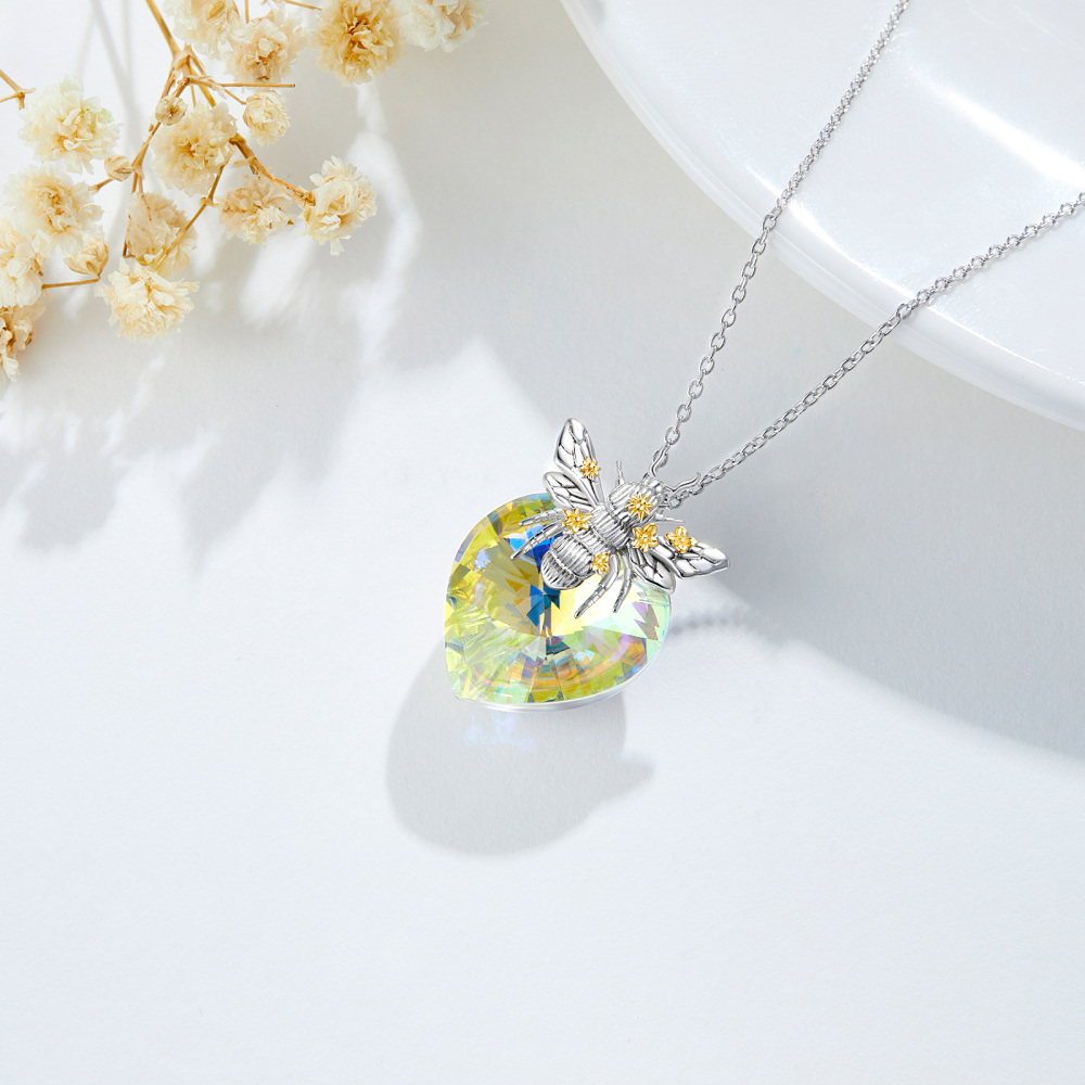 Sterling Silver Two-Tone Bee & Heart Crystal Pendant Necklace For Women-4