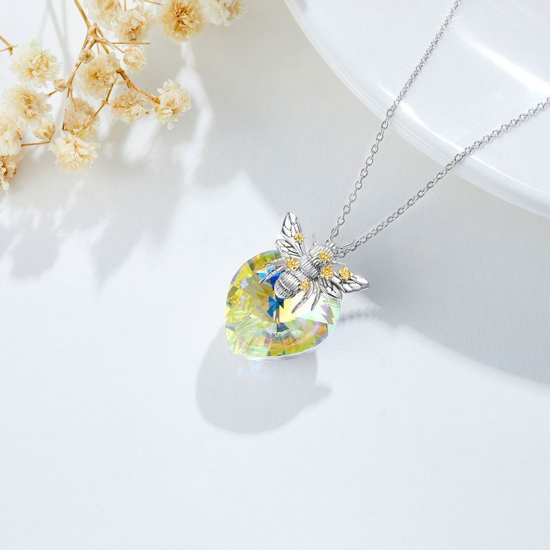 Colar com pingente de cristal de abelha e coração em prata esterlina para mulheres-4
