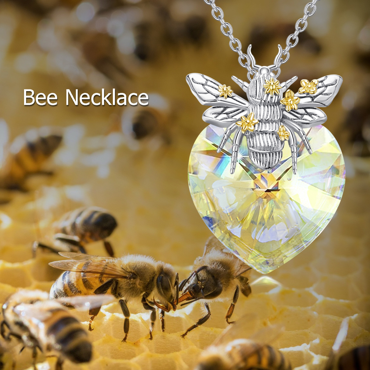 Sterling Silver Two-Tone Bee & Heart Crystal Pendant Necklace For Women-5