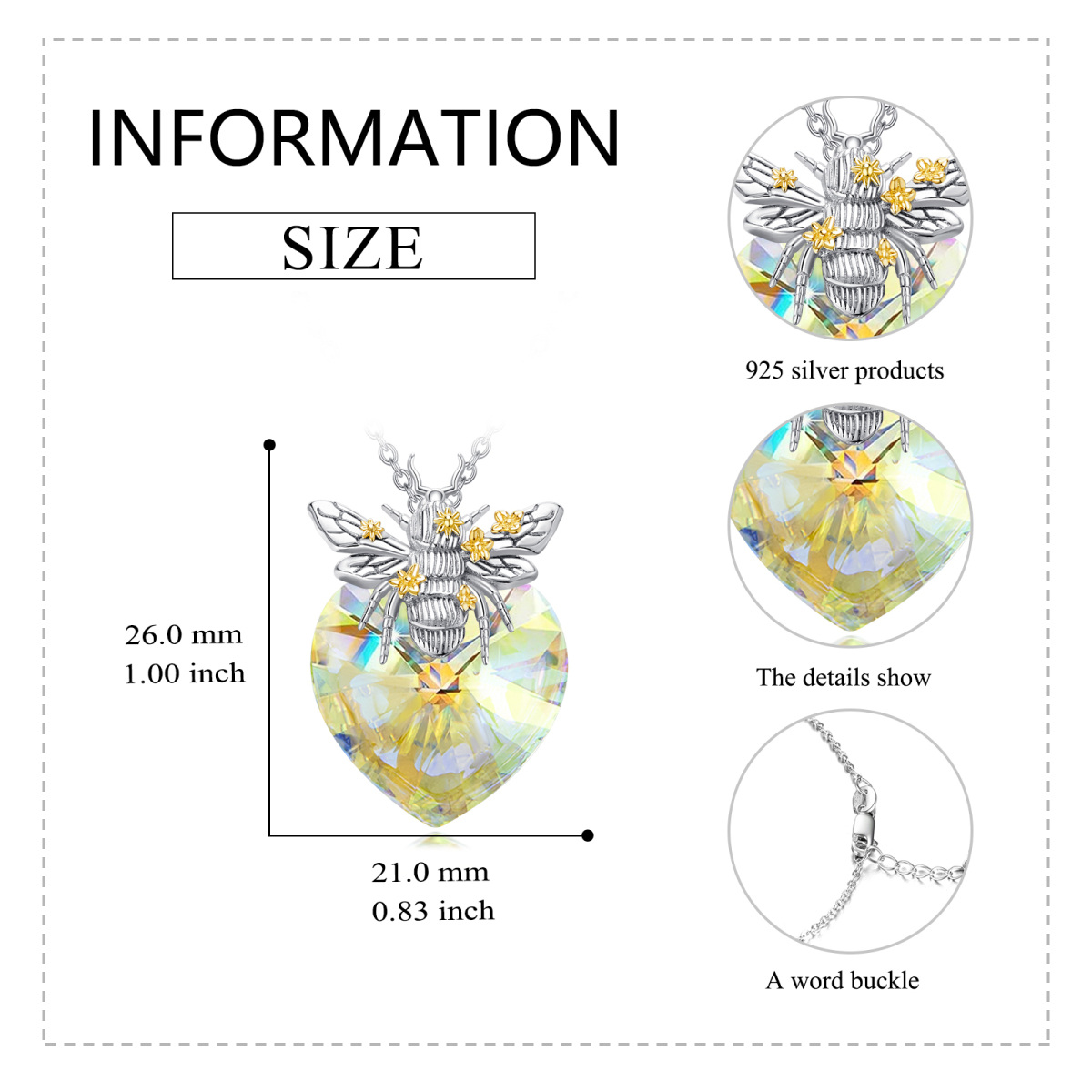 Srebrny dwukolorowy naszyjnik z pszczołą i kryształowym sercem dla kobiet-6