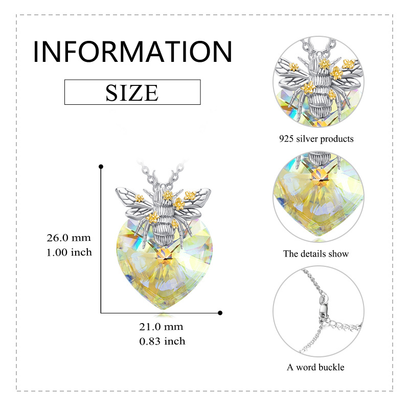 Colar com pingente de cristal de abelha e coração em prata esterlina para mulheres-6