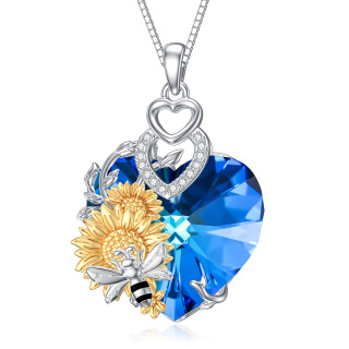 Sterling Silver Two-tone Heart Shaped Bee & Sunflower Crystal Pendant Necklace-16