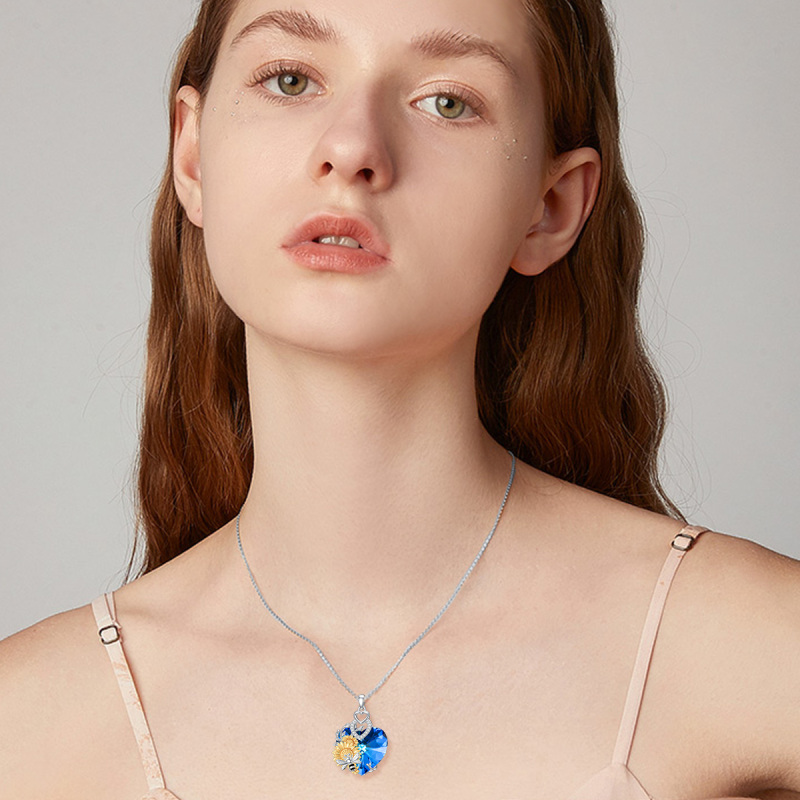 Sterling Silver Two-tone Heart Shaped Bee & Sunflower Crystal Pendant Necklace-2