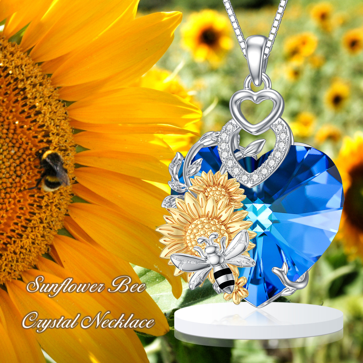 Collar con colgante de cristal de girasol y abeja en forma de corazón de dos tonos de plata de ley-6